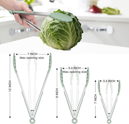 HOTEC Premium Stainless Steel Locking Kitchen Tongs with Silicon Tips, Set of 3-7", 9" and 12" (Light Green) - Image 8