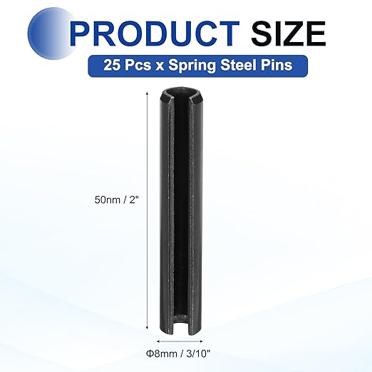 MECCANIXITY 25Pcs Slotted Split Roll Pins 3/10 Inch(8mm) Dia. 2 Inch(50mm) Length 65Mn Steel Spring Tension Expansion Dowels for Secure Fastening, Black
