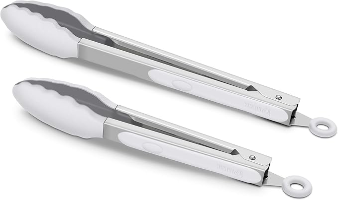 2 Pack Silicone Kitchen Tongs – 9" & 12" Set, Heat Resistant up to 500°F, Non‑Stick Cookware Safe, Wavy Silicone Tips, BPA Free, Locking Clip & Hanging Loop, Light Grey by ALLWIN-HOUSEWARE