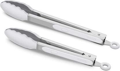 2 Pack Silicone Kitchen Tongs – 9" & 12" Set, Heat Resistant up to 500°F, Non‑Stick Cookware Safe, Wavy Silicone Tips, BPA Free, Locking Clip & Hanging Loop, Light Grey by ALLWIN-HOUSEWARE