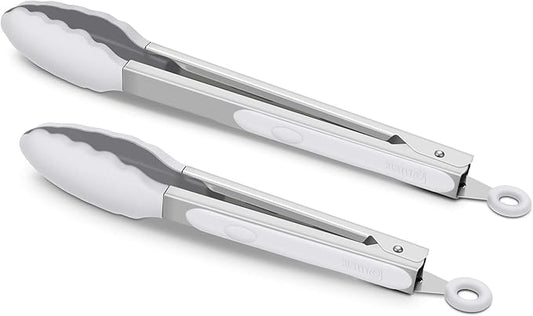 2 Pack Silicone Kitchen Tongs – 9" & 12" Set, Heat Resistant up to 500°F, Non‑Stick Cookware Safe, Wavy Silicone Tips, BPA Free, Locking Clip & Hanging Loop, Light Grey by ALLWIN-HOUSEWARE