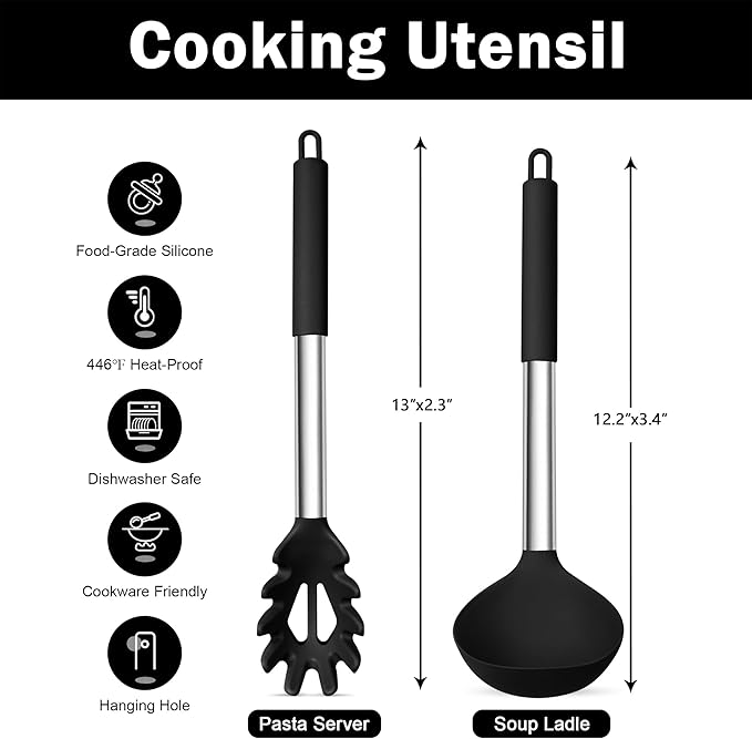 TeamFar Silicone Pasta Fork and Ladle Spoon Set, 2 Pcs Large Nonstick Kitchen Utensils with Stainless Steel Handle for Cooking, Draining, Serving Soup, Sauce, Spaghetti, Healthy & Heat-Proof, Black - Image 2