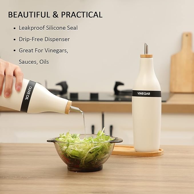 HOMCDALY Olive Oil and Vinegar Dispenser Set, Two 16oz Ceramic Oil Dispenser for Kitchen, Kitchen Dispenser Bottle for EVOO Vinegar Syrups, Modern Farmhouse Design| Set of 2 – white - Image 3