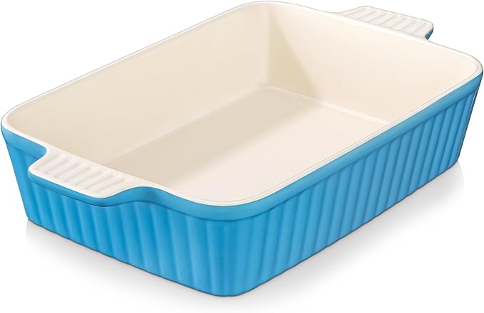 MALACASA 4.4 QT Baking Dish, 9x13 Large Casserole Dish for Oven, Ceramic Baking Pan, Rectangular Lasagna Pan Deep with Handles for Baking, Durable Microwave Oven Safe, Blue, Series BAKE-BAKE by MALACASA