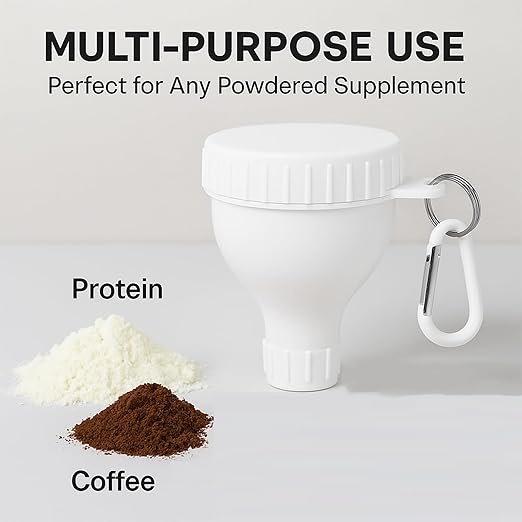 2 Pack Protein Powder Container to Go - Mini Funnel with Keychain and Keyring, Water Bottle Funnel for Shakers（White） - Image 2