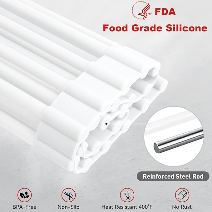MERRYBOX Roll Up Dish Drying Rack Silicone Wrapped Over The Sink Dish Rack Foldable Dish Drainer Anti-Slip Dish Racks for Kitchen Counter, Multipurpose Kitchen Sink Drying Rack, 20.5" x 13", White - Image 6