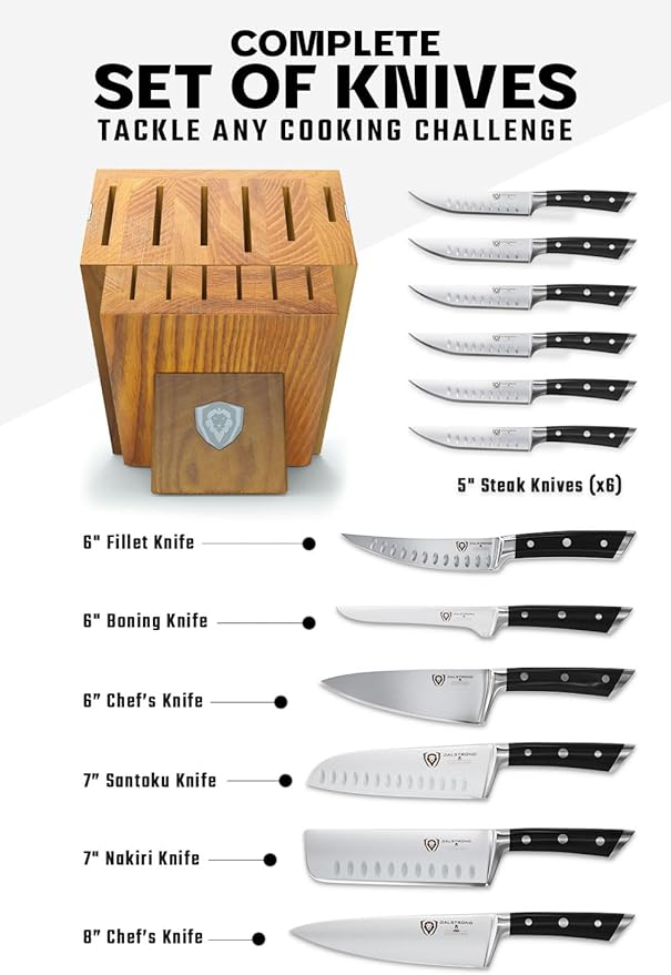 Dalstrong 12-Piece Elite Knife Block Set — German High-Carbon Steel, Full-Tang, Hand-Polished — Chef + Santoku + Nakiri + Boning + Fillet + 6 Steak — Gladiator Series Manchurian Ash Block, NSF - Image 3