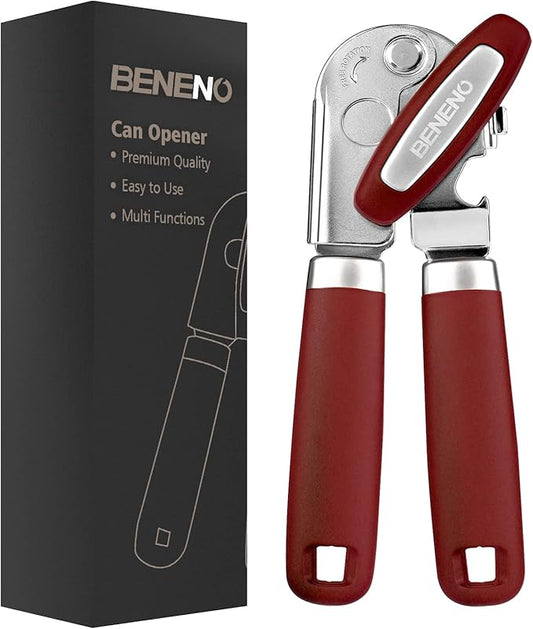 Beneno Heavy Duty Hand Can Opener Manual with Magnet, Durable Sharp Carbon Steel Blade Smooth Cutting, Big Effort-Saving Knob & Soft Grip Handle, Multifunctional Kitchen Tool with Bottle Opener, Red by Beneno