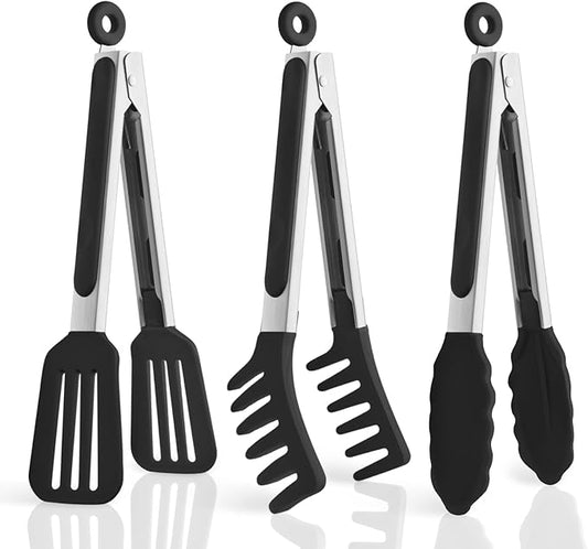 3 Pack Silicone Tongs for Cooking,Maywe Tanso 9 Inch Cooking Kitchen Tongs with Silicone Tips,Nonstick Stainless Steel Tongs for Steak Pie Pizza Pasta Spaghetti Salad BBQ Buffet by MayweTanso