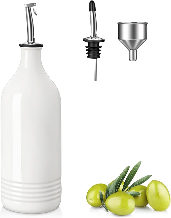 vancasso 20 Oz Ceramic Olive Oil Dispenser Bottle, Bottle Dispenser with Spout and Funnel for Kitchen,Suitable for Oil, Vinegar, Coffee Syrups & Other Liquids, White by vancasso