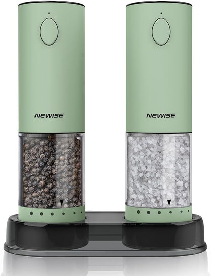 Newise Electric Salt and Pepper Grinder Set Rechargeable with LED Lights, Automatic Pepper & Salt Mill, Adjustable Coarseness, Large Capacity, Green