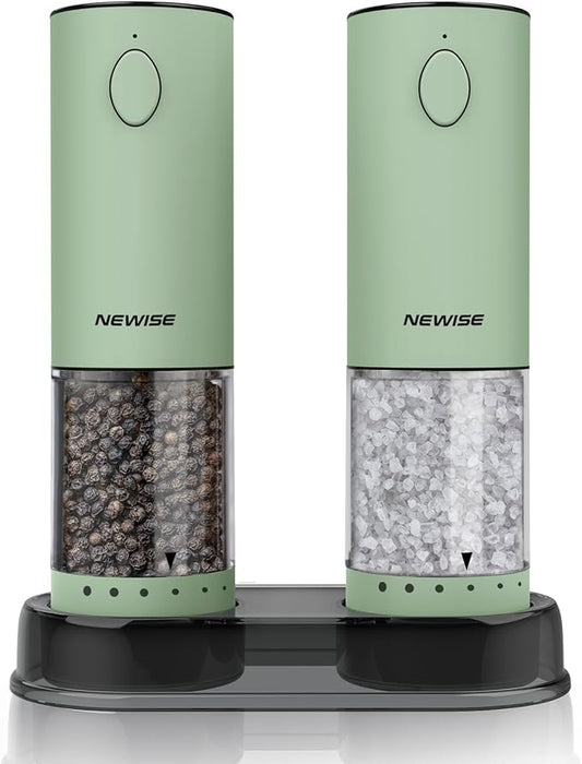 Newise Electric Salt and Pepper Grinder Set Rechargeable with LED Lights, Automatic Pepper & Salt Mill, Adjustable Coarseness, Large Capacity, Green