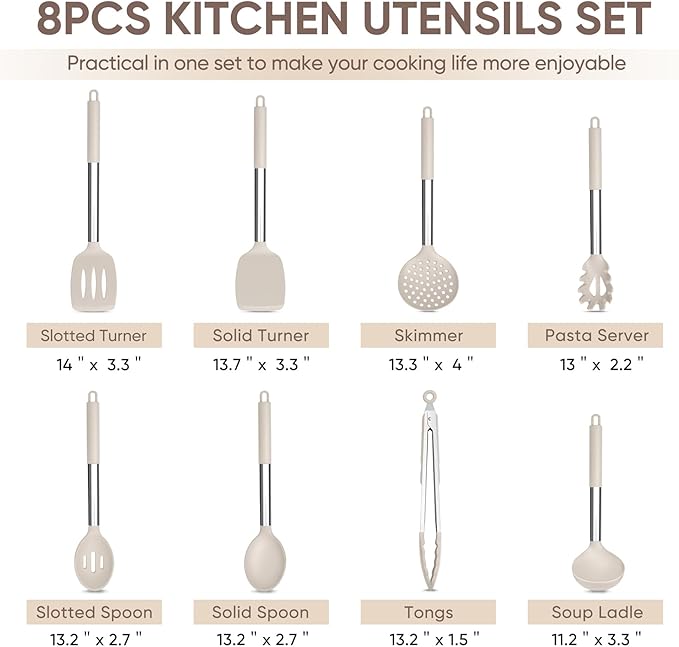 TeamFar Kitchen Utensils Set of 8, Silicone Utensils Kitchen Tools Set with Stainless Steel Handle, for Frying Serving Flipping Draining, Non-toxic & Heatproof, Nonstick & Dishwasher Safe - Khaki - Image 2
