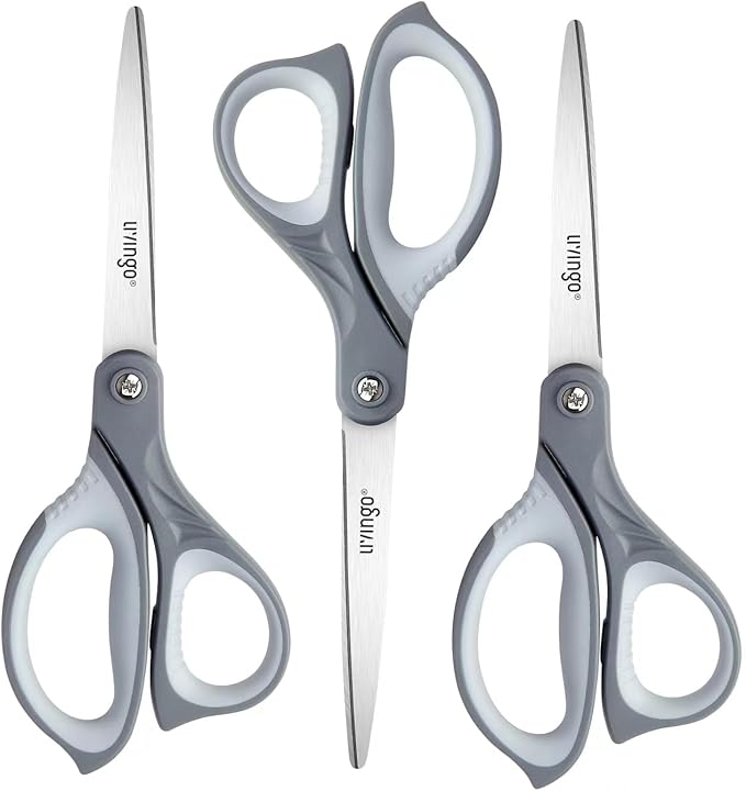 LIVINGO 3 Pack Scissors for Office: Sharp Stainless Steel Shears Heavy Duty All Purpose for Cutting Crafting Paper Fabric, Gray Comfort Handles, 8.5 Inches by LIVINGO
