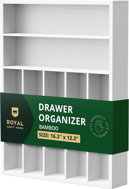 ROYAL CRAFT WOOD Luxury Bamboo Kitchen Drawer Organizer - Silverware Organizer - Utensil Holder and Cutlery Tray with Grooved Drawer Dividers for Flatware and Kitchen Utensils (7 Slot, White) by RoyalCraftWood
