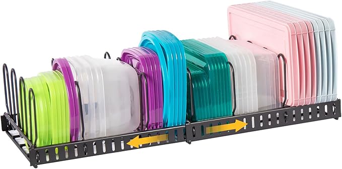 Expandable Food Container Lid Organizer,Large Capacity Adjustable 8 Dividers Detachable Lid Organizer Rack for Cabinets, Cupboards, Pantry Shelves, Drawers Keep Kitchen Tidy,Black 10.2”wide,3.6 Pound. by X-cosrack