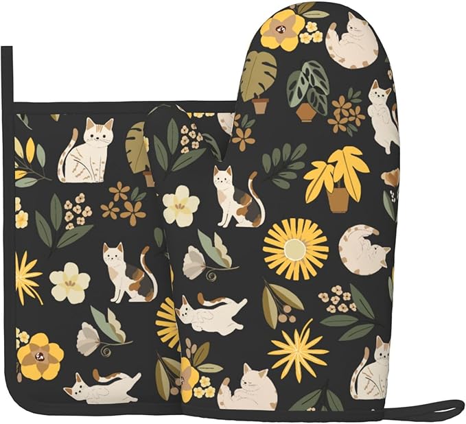 Cute Cats Flowers Garden Silicone Oven Mitts Pan Mats Set of 2, Heat Resistant Gloves Potholder with Non-Slip Grips Hanging Loops Pot Holder, Spring Summer for Chef Cooking, Baking, Grilling, BBQ