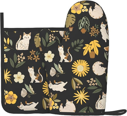 Cute Cats Flowers Garden Silicone Oven Mitts Pan Mats Set of 2, Heat Resistant Gloves Potholder with Non-Slip Grips Hanging Loops Pot Holder, Spring Summer for Chef Cooking, Baking, Grilling, BBQ