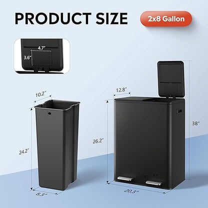 WLIVE 2 x 8 Gallon Stainless Steel Dual Trash Can, Double Trash Can Kitchen with Soft-Close Lid, Trash and Recycle Bin Combo, Kitchen Garbage Can with Deodorizing Filter Box and Inner Buckets, Black