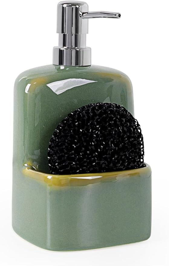 INGOFIN Kitchen Dish Soap Dispenser with Sponge Holder, 2-in-1 Ceramic Refillable Hand Soap Bottle & Sponge Caddy Set, for Kitchen Sink Organizer and Bathroom, Green