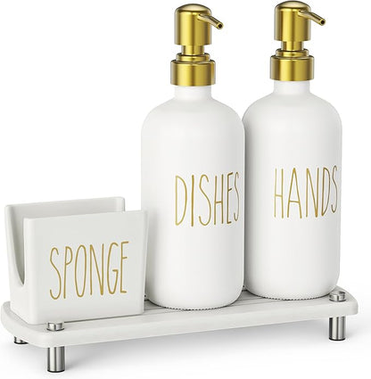 Cisily Kitchen Soap Dispenser Set Comes with Ceramics Sponge Holder, Gold Pumps, and Instant Dry Tray, Hand and Dish Soap Dispenser Set (4, Gold + White + Sponge Holder) - Image 8