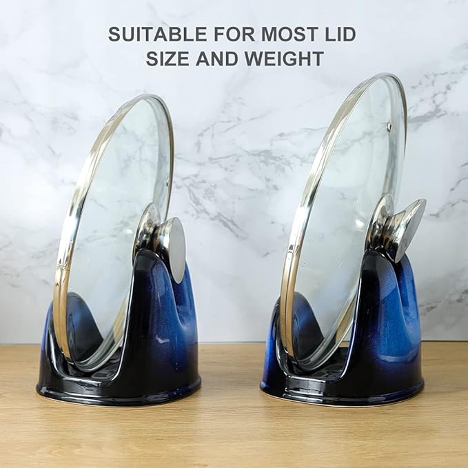 Nihow Pot Lid Holder: Stable Ceramic Pan Lid Holder for Kitchen Counter Decor/Countertop/Stove Top- Heat Resistant & Dishwasher Safe - Elegant Black & Blue Set of 2 - Image 7