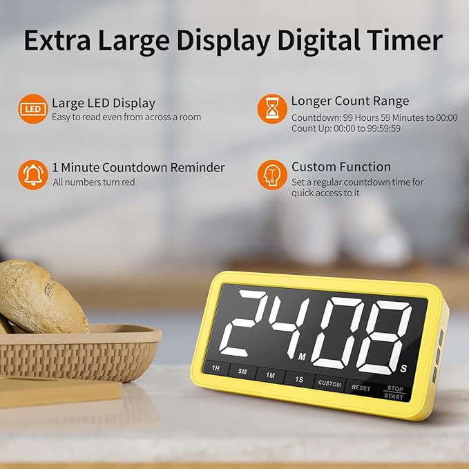 VOCOO Digital Kitchen Timer with 7.8” Extra Large Display, Magnetic, 3 Brightness, 4 Alarms and 3 Volume Levels, Battery Countdown Count Up Timer for Cooking, Classroom, Home Gym (Yellow) - Image 2
