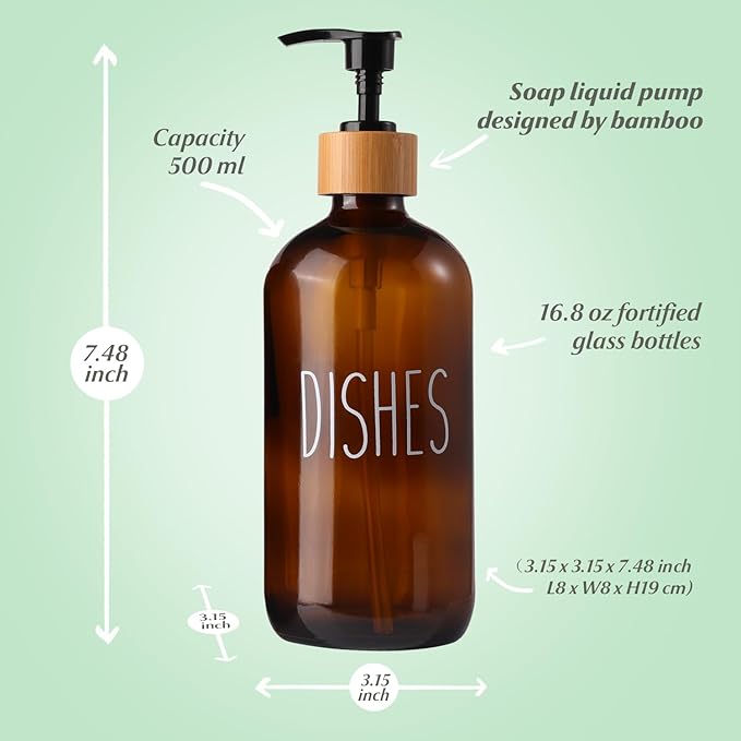 LOOCHICA Dish Amber Glass Soap Dispenser with Plastic Pump, 16 Oz Brown Dish Soap Dispenser Set Refillable Reusable Apothecary Soap Pump Dispenser Bottles for Bathroom and Kitchen - Image 3