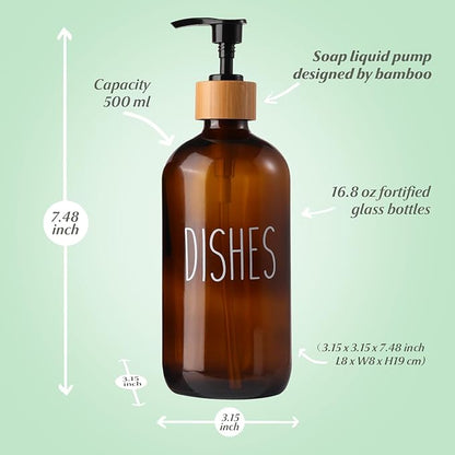 LOOCHICA Dish Amber Glass Soap Dispenser with Plastic Pump, 16 Oz Brown Dish Soap Dispenser Set Refillable Reusable Apothecary Soap Pump Dispenser Bottles for Bathroom and Kitchen - Image 3