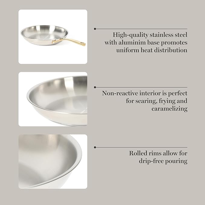 Martha Stewart Castelle 12-Inch Stainless Steel Frying Pan with Gold-Tone Handle – Tri-Ply Encapsulated Bottom, Oven Safe & Induction Safe Skillet for Searing and Sautéing - Image 4