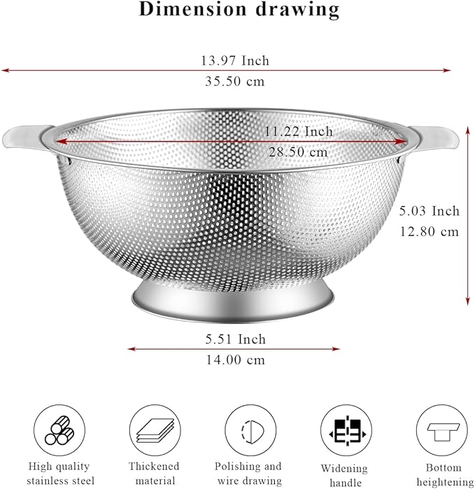Kyraton Stainless Steel Colander 5 Quart, Professional Strainer with Heavy Duty Handles and Self Draining Solid Ring Base for Pasta, Spaghetti, Berry, Veggies, Fruits, Noodles, Salads Dishwasher Safe