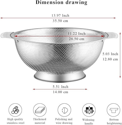 Kyraton Stainless Steel Colander 5 Quart, Professional Strainer with Heavy Duty Handles and Self Draining Solid Ring Base for Pasta, Spaghetti, Berry, Veggies, Fruits, Noodles, Salads Dishwasher Safe