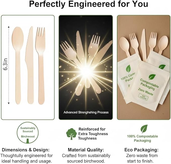 150Pack Compostable Spoons - Alternative to Plastic Spoon & Bamboo Spoons, Eco Friendly, Biodegradable, Compostable Tableware Set - 100% Disposable Flatware for Lounge Party Wedding BBQ Picnic Camping - Image 2