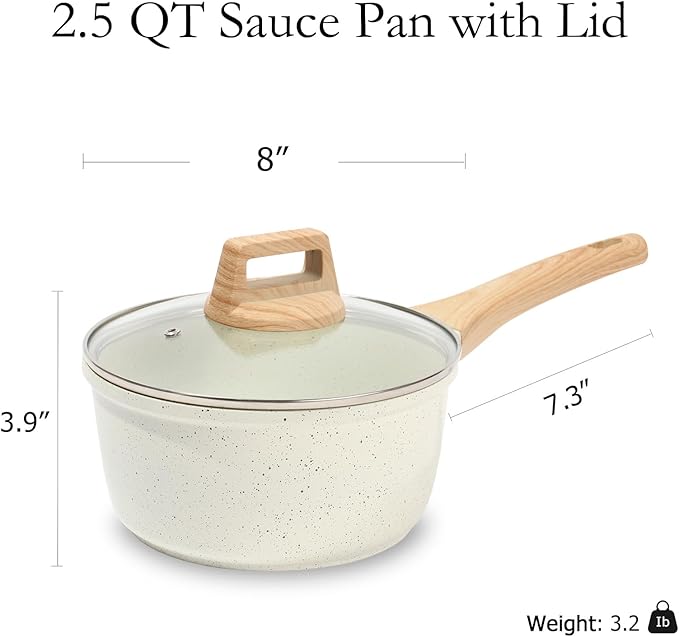 ESLITE LIFE Nonstick Sauce Pan with Lid, 2.5 QT Small Soup Pot Compatible with All Stovetops (Gas, Electric & Induction), PFOA Free, White - Image 2