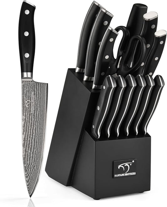 NANFANG BROTHERS Damascus Kitchen Knife Set 14 Pieces with Shears & Sharpener - VG10 Damascus Steel, ABS Ergonomic Handle, Wooden Block Storage Black