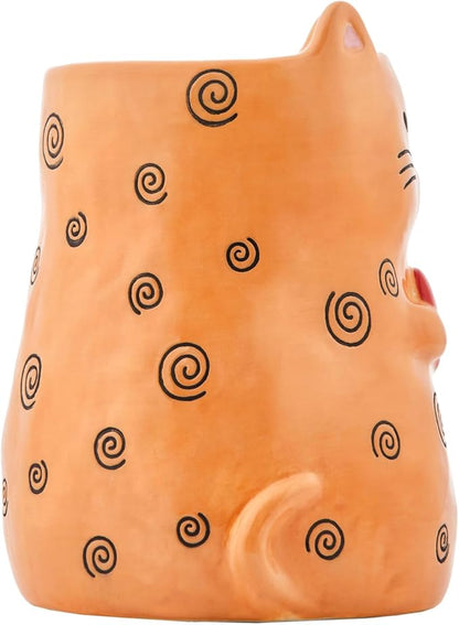 Bico Cartoon Cat Handpainted Stoneware Orange 7.8 inch Utensil Holder, Dishwasher Safe
