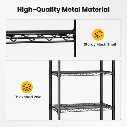 DUMOS 3-Tier Metal Wire Storage Shelves, Adjustable Standing Storage Rack Shelf with Wheels, Heavy Duty Steel Shelving Unit Organizers for Kitchen Bathroom Pantry Garage, 23.1"W×13.4"D×30.2"H, Black