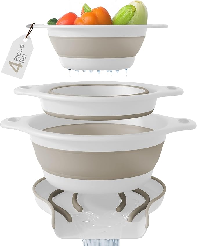 Gevoli Collapsible Colanders (3 Pack Set) Food Strainers with Over-Sink Water Draining Base for Pasta Fruits and Vegetables, White/Beige (3 Sizes, 3QT, 4QT and 5 Quart) - Image 8