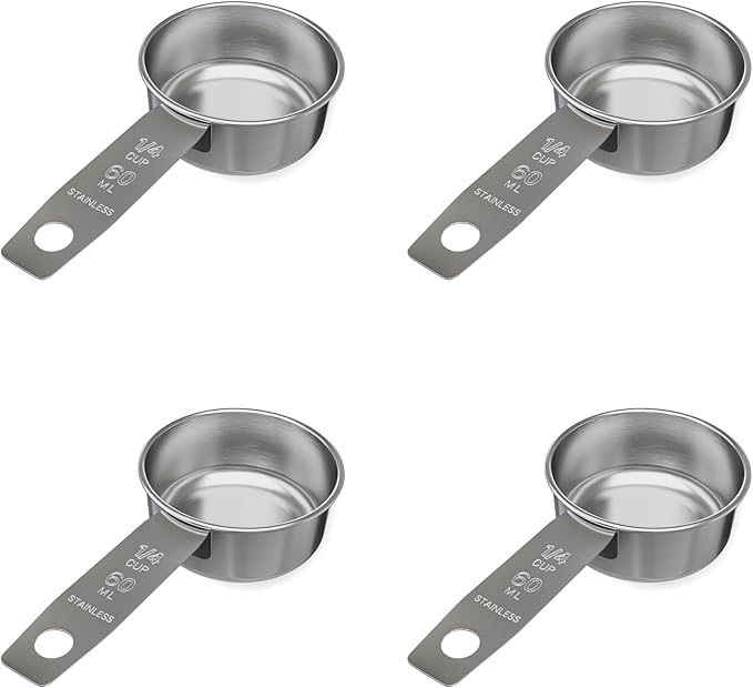 1/4 Cup Stainless Steel Measuring Cup | Sturdy Metal 60 ml | 60 cc | 2 oz | Single Cup for Wet and Dry Ingredients | Great for use as 1/4 Cup Dog Food Scoop - 4 PK by Knupp+Co.