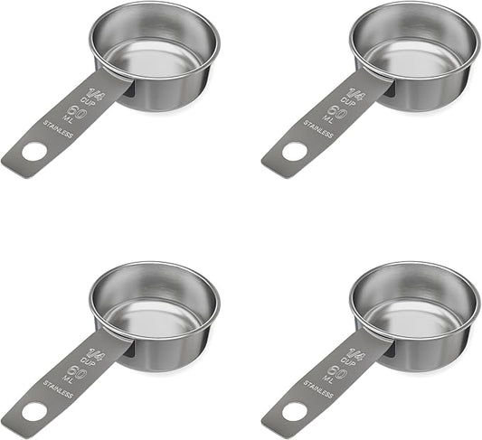 1/4 Cup Stainless Steel Measuring Cup | Sturdy Metal 60 ml | 60 cc | 2 oz | Single Cup for Wet and Dry Ingredients | Great for use as 1/4 Cup Dog Food Scoop - 4 PK by Knupp+Co.