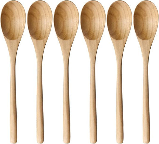 AOOSY Wooden Spoons for Cooking, 9 Inches 6 Pieces Japanese Natural Ellipse Wooden Spoon Set for Cooking Mixing Stirring Honey Tea Soda Dessert Coconut Bowl Nonstick Pots Kitchen by AOOSY