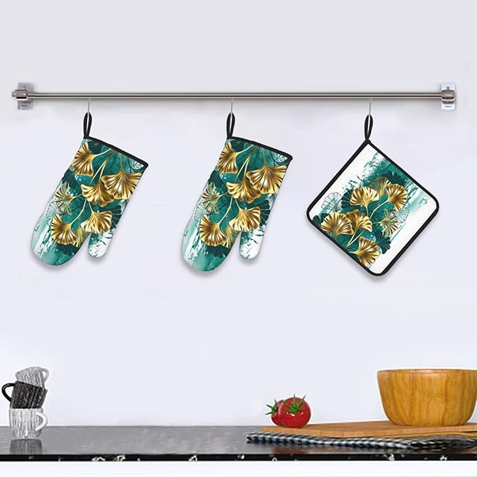 Teal Gold Green Leaves Oven Mitts and Pot Holders Set Heat Resistant Non Slip Set of 3 Decorative Kitchen Gloves Hot Pads for Cooking BBQ Baking Grilling - Image 6