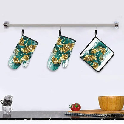 Teal Gold Green Leaves Oven Mitts and Pot Holders Set Heat Resistant Non Slip Set of 3 Decorative Kitchen Gloves Hot Pads for Cooking BBQ Baking Grilling - Image 6