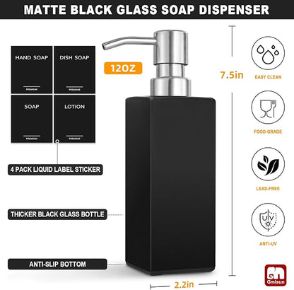 GMISUN Black Soap Dispenser, Hand Soap Dispenser Bathroom, 12 fl oz/350ml Glass Soap Dispensers with Stainless Steel Pump, Refillable Liquid Dish Dispenser for Kitchen, Modern Soap and Lotion Bottles - Image 2