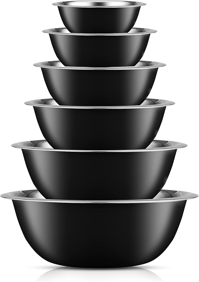 JoyJolt Stainless Steel Mixing Bowl Set - 6 Piece Nesting Bowls, 5qt to 0.5qt, Black, Perfect for Dough, Batter & Baking by JoyJolt