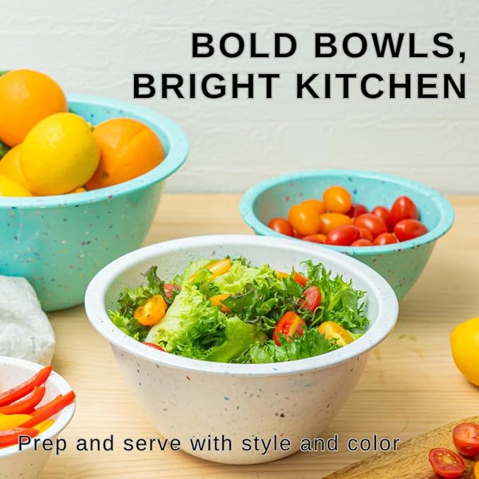 bzyoo Confetti Nesting Mixing Bowls Set - 4-Piece Colorful Kitchen Bowls (18oz, 1.25QT, 2.5QT, 4QT) - BPA-Free, Dishwasher Safe, Space-Saving Design Eggshell Color - Image 3