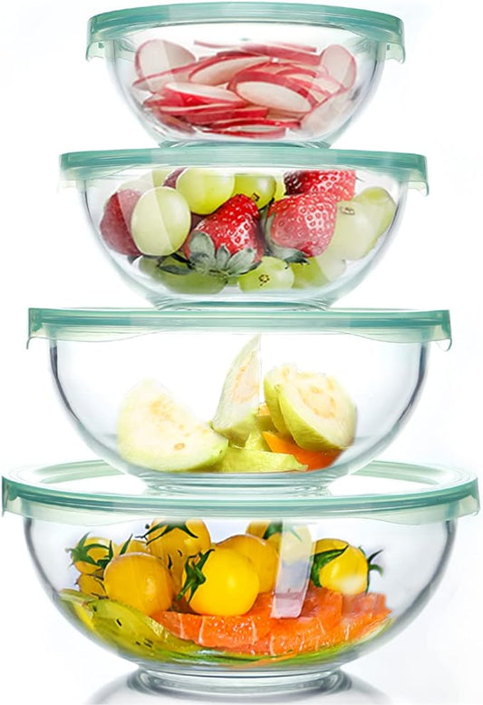 Luvan Glass Mixing Bowl with Airtight Lids, (1QT, 1.5QT, 2.5QT, 3.7QT), 8-piece Kitchen Salad Bowls Clear Nesting Big Cooking Bowl, Microwave Oven Safe for Meal Prep,storage,Baking,Serving by Luvan