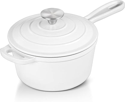 1 QT Enameled Cast Iron Saucepan, Leonyo Sauce Pan with Lid, Cast Iron Enamel Cookware Kitchen Milk Pot for All Cooktops Cooking Pasta, Soup, Egg - Up to 500°F & 4.4Lbs, White