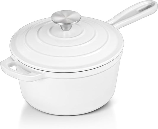 1 QT Enameled Cast Iron Saucepan, Leonyo Sauce Pan with Lid, Cast Iron Enamel Cookware Kitchen Milk Pot for All Cooktops Cooking Pasta, Soup, Egg - Up to 500°F & 4.4Lbs, White