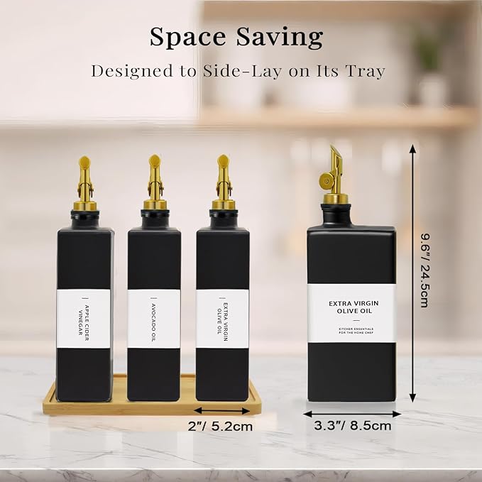 Olive Oil Dispenser Bottle for Kitchen with Bamboo Tray- Glass Oil and Vinegar Dispenser Set 16.9oz, Soy Sauce & Syrup Bottle, Modern Hostess Gift (Black, 16.9oz, Set of 3) - Image 5